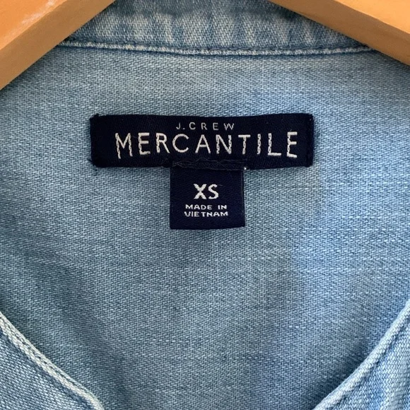 J. Crew Mercantile Sz XS  Chambray Denim Button Shirt Tie Front Summer - Picture 7 of 8